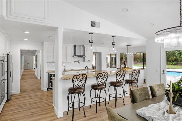 Chandelier, Interior, Kitchen, Pendant Lights, Recessed Lighting, Wood Texture Flooring