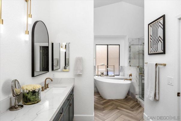Bathroom, Dual Sink Vanities, Free Standing Baths, Glass Shower, Interior, Wood Texture Flooring