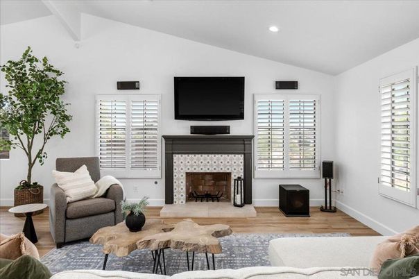 Fireplace, Interior, Living room, Recessed Lighting, Wood Texture Flooring