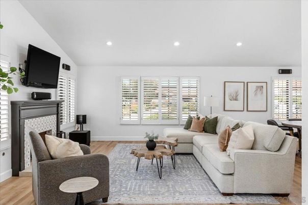 Fireplace, Interior, Living room, Recessed Lighting, Wood Texture Flooring
