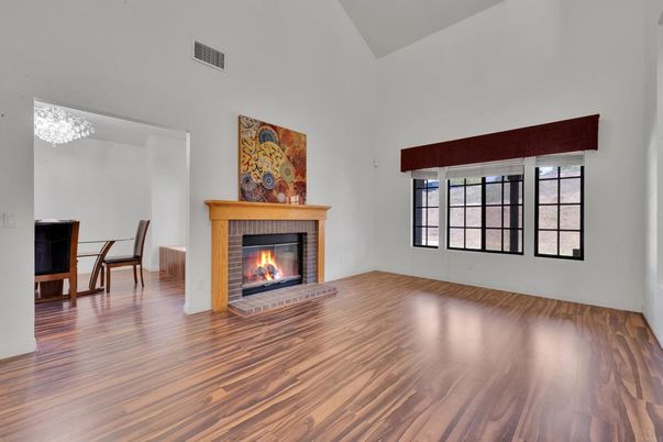 Chandelier, Empty room, Fireplace, Interior, Wood Texture Flooring