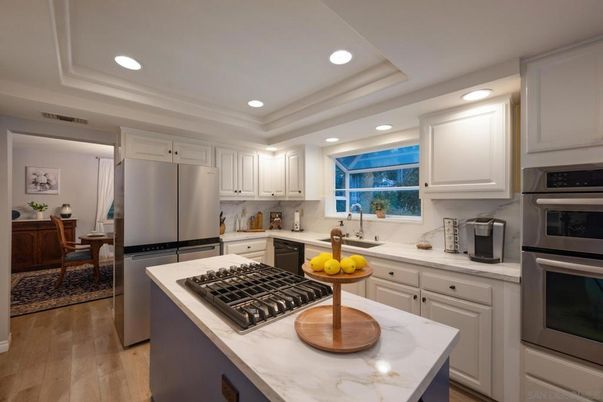 Dining room, Interior, Kitchen, Recessed Lighting, Stainless Steel Appliances, Wood Texture Flooring