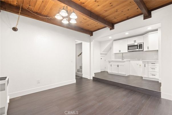 Interior, Kitchen, Recessed Lighting, Stainless Steel Appliances, Wooden Beams, Wooden Ceilings, Wood Texture Flooring