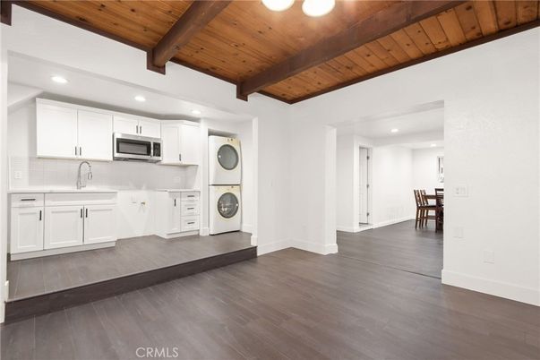 Interior, Kitchen, Recessed Lighting, Stainless Steel Appliances, Wooden Beams, Wooden Ceilings, Wood Texture Flooring