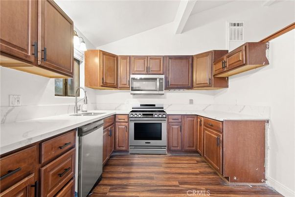 Interior, Kitchen, Stainless Steel Appliances, Wood Texture Flooring