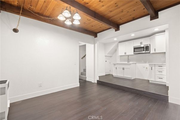 Interior, Kitchen, Recessed Lighting, Stainless Steel Appliances, Wooden Beams, Wooden Ceilings, Wood Texture Flooring