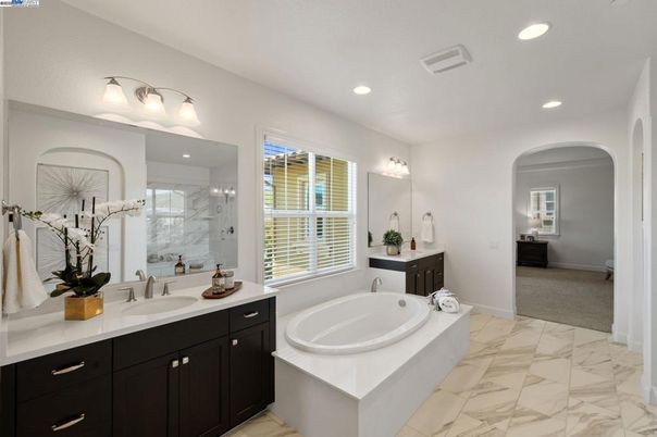 Bathroom, Dual Sink Vanities, Glass Shower, Interior, Marble, Recessed Lighting