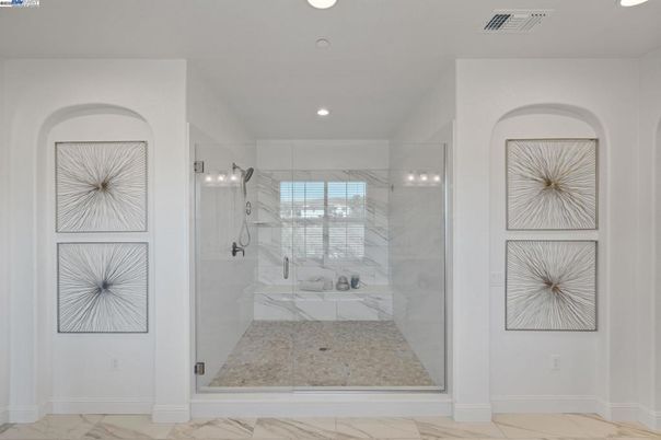 Bathroom, Glass Shower, Interior, Marble, Marble Walls, Recessed Lighting