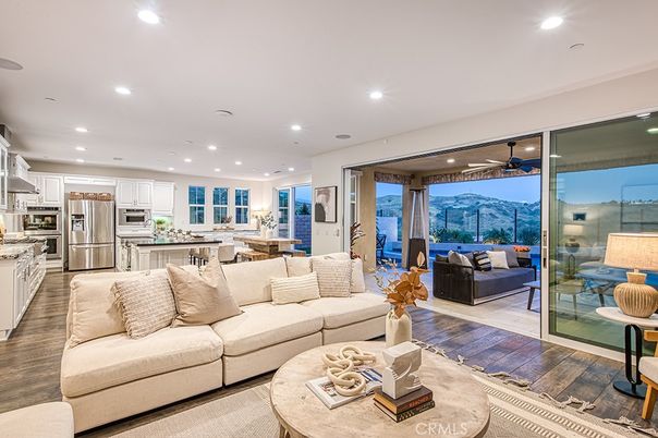 Dining room, Interior, Kitchen, Living room, Recessed Lighting, Stainless Steel Appliances, Wood Texture Flooring