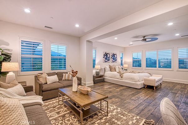 Bedroom, Interior, Living room, Recessed Lighting, Water, Wood Texture Flooring