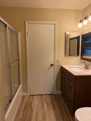 Bathroom, Glass Shower, Interior, Wood Texture Flooring