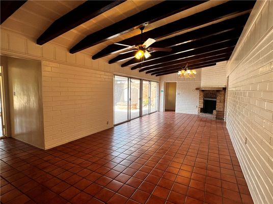 Chandelier, Empty room, Fireplace, Interior, Stone Walls, Wooden Beams