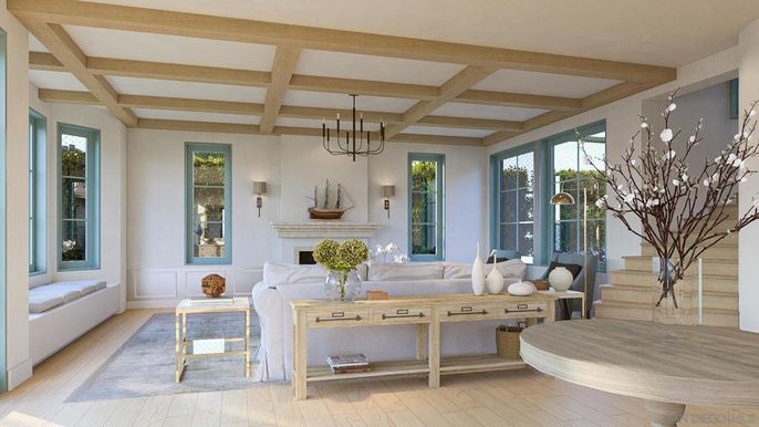 Fireplace, Interior, Living room, Pendant Lights, Wooden Beams, Wood Texture Flooring
