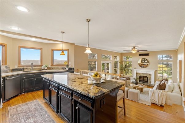 Fireplace, Interior, Kitchen, Living room, Pendant Lights, Recessed Lighting, Wood Texture Flooring