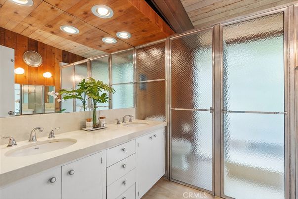 Bathroom, Dual Sink Vanities, Glass Shower, Interior, Recessed Lighting, Wooden Ceilings, Wooden Walls