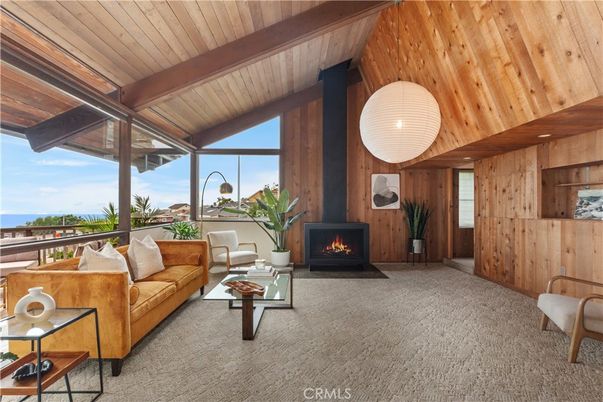 Fireplace, Interior, Living room, Pendant Lights, Water, Wooden Beams, Wooden Ceilings, Wooden Walls
