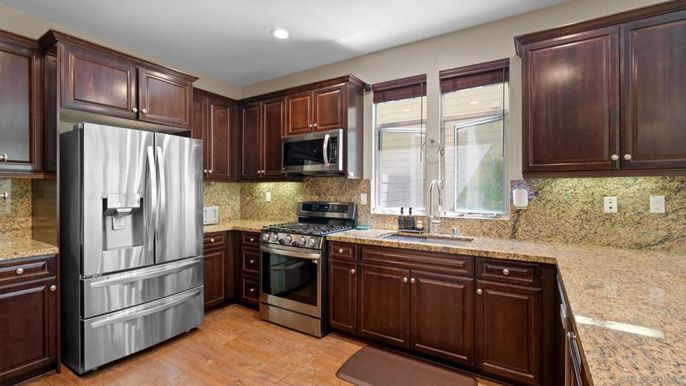 Interior, Kitchen, Recessed Lighting, Stainless Steel Appliances, Wood Texture Flooring