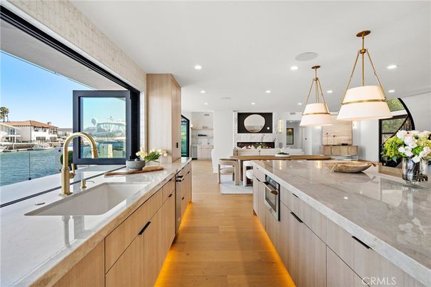 Dining room, Interior, Kitchen, Pendant Lights, Recessed Lighting, Water, Wood Texture Flooring