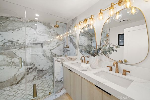 Bathroom, Dual Sink Vanities, Glass Shower, Interior, Marble Walls, Recessed Lighting
