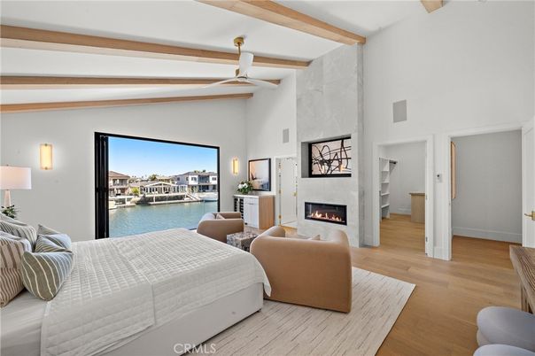 Bedroom, Fireplace, Interior, Water, Wooden Beams, Wood Texture Flooring