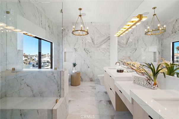 Bathroom, Dual Sink Vanities, Glass Shower, Interior, Marble, Marble Walls, Pendant Lights