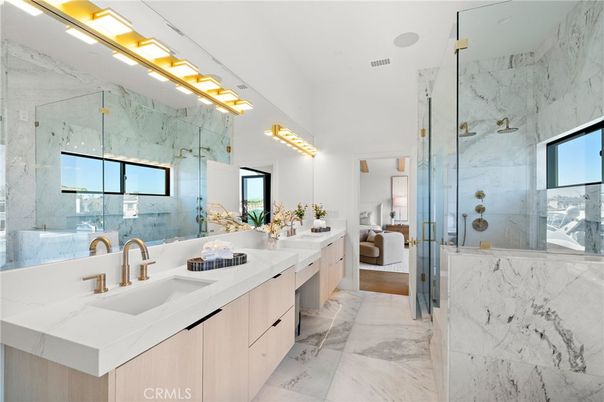 Bathroom, Dual Sink Vanities, Glass Shower, Interior, Marble, Marble Walls