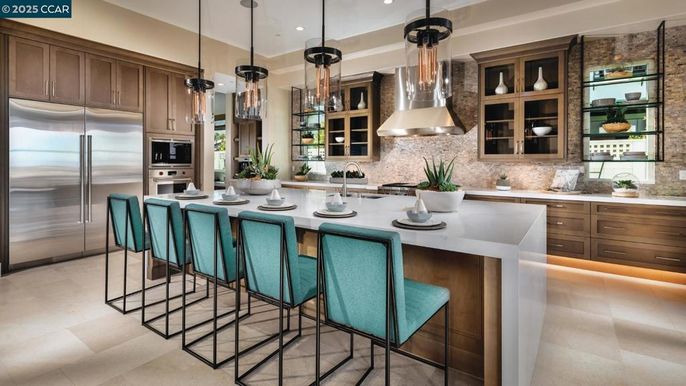 Interior, Kitchen, Pendant Lights, Recessed Lighting, Stainless Steel Appliances, Stone Walls