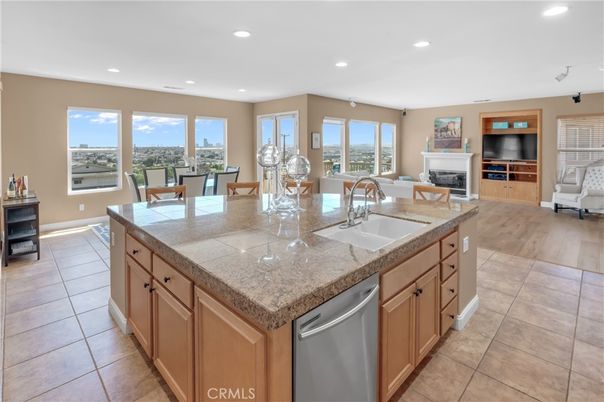 Dining room, Fireplace, Interior, Kitchen, Living room, Recessed Lighting, Wood Texture Flooring