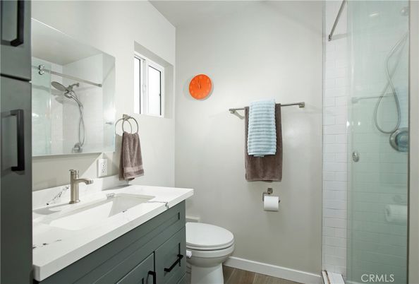 Bathroom, Glass Shower, Interior, Wood Texture Flooring