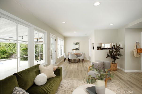 Dining room, Interior, Living room, Recessed Lighting, Wood Texture Flooring
