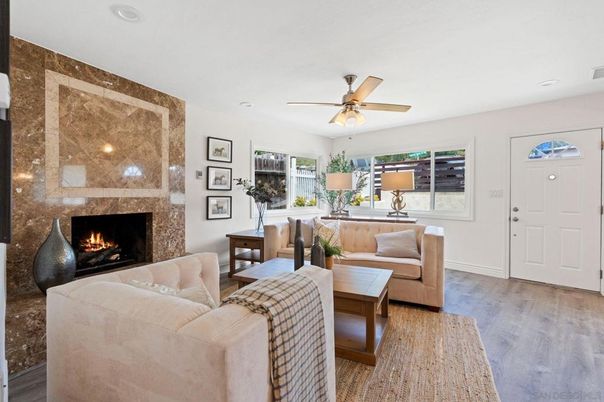 Fireplace, Interior, Living room, Recessed Lighting, Wood Texture Flooring