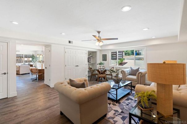 Dining room, Interior, Living room, Recessed Lighting, Wood Texture Flooring