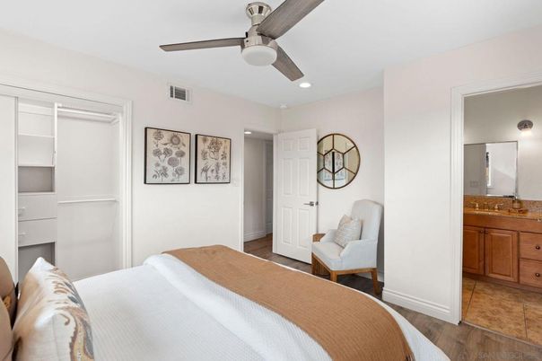 Bedroom, Interior, Recessed Lighting, Wood Texture Flooring