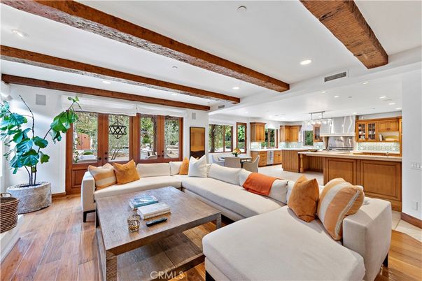 Interior, Kitchen, Living room, Pendant Lights, Recessed Lighting, Wooden Beams, Wood Texture Flooring
