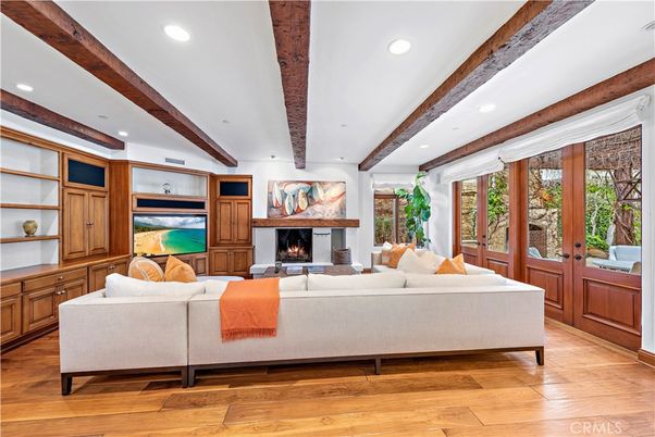 Fireplace, Interior, Living room, Recessed Lighting, Wooden Beams, Wood Texture Flooring