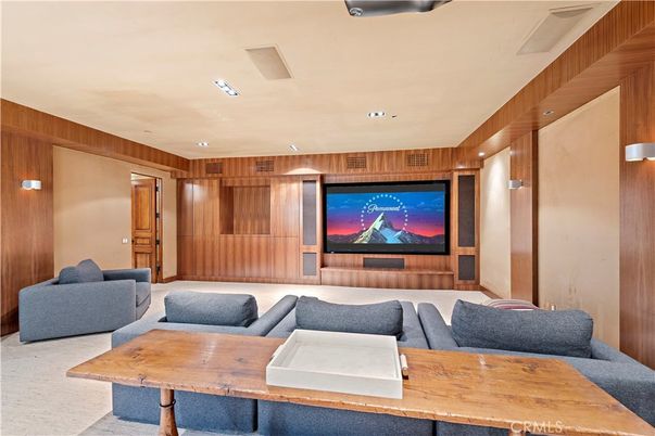 Interior, Living room, Projection Screen, Recessed Lighting, Theatre Room, Wooden Walls