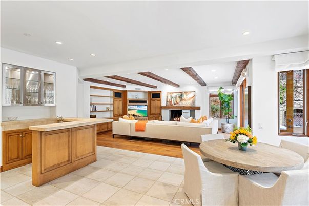 Dining room, Fireplace, Interior, Living room, Recessed Lighting, Wooden Beams, Wood Texture Flooring