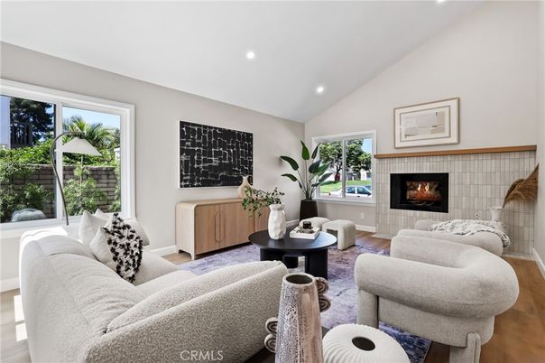 Fireplace, Interior, Living room, Recessed Lighting, Wood Texture Flooring