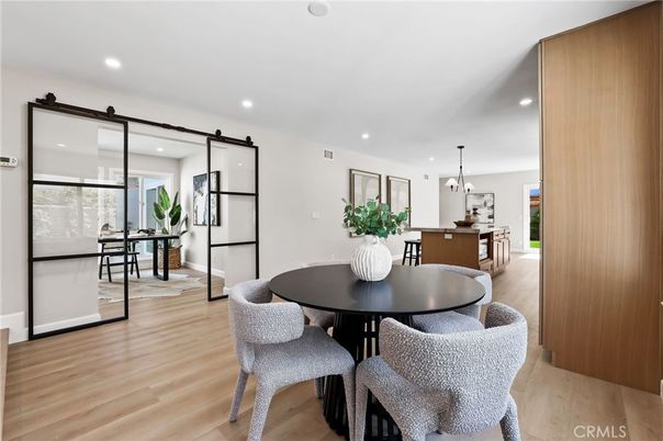 Dining room, Interior, Kitchen, Pendant Lights, Recessed Lighting, Wood Texture Flooring