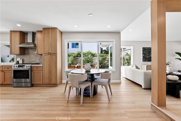 Dining room, Interior, Kitchen, Living room, Recessed Lighting, Stainless Steel Appliances, Wood Texture Flooring
