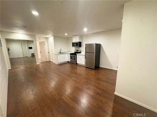 Empty room, Interior, Kitchen, Recessed Lighting, Wood Texture Flooring