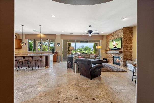 Fireplace, Interior, Living room, Pendant Lights, Recessed Lighting, Stone Walls