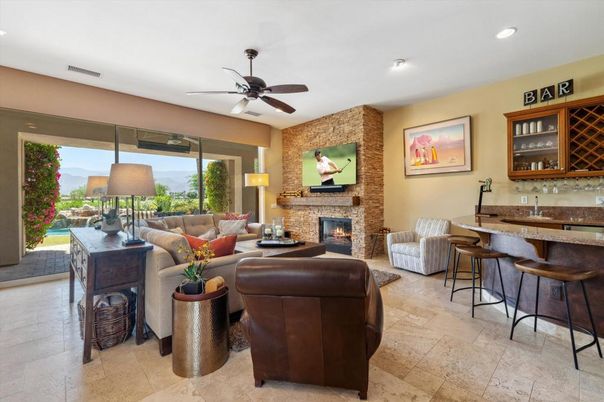 Fireplace, Interior, Living room, Recessed Lighting, Stone Walls