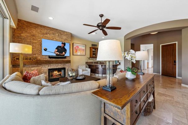 Fireplace, Interior, Living room, Recessed Lighting, Stone Walls