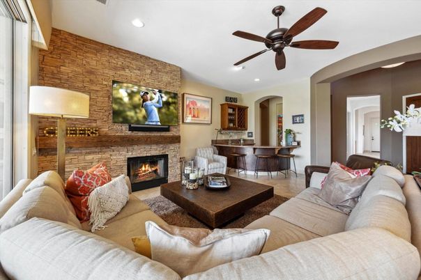 Fireplace, Interior, Living room, Recessed Lighting, Stone Walls