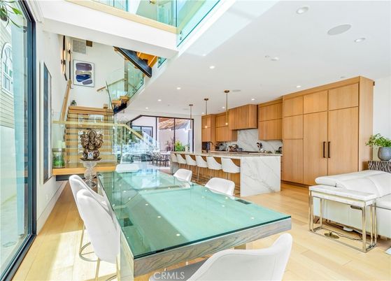 Dining room, Interior, Kitchen, Marble Walls, Pendant Lights, Recessed Lighting, Wood Texture Flooring