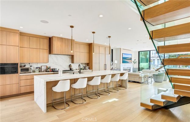 Interior, Kitchen, Living room, Marble Walls, Pendant Lights, Recessed Lighting, Wood Texture Flooring