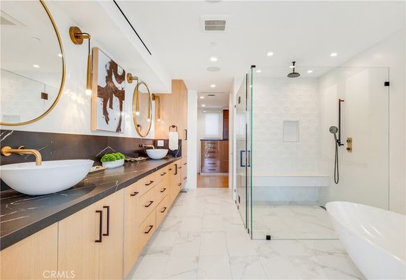 Bathroom, Dual Sink Vanities, Free Standing Baths, Glass Shower, Interior, Marble, Recessed Lighting