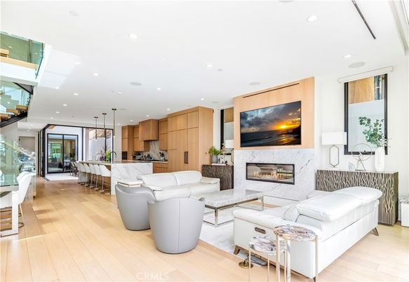 Fireplace, Interior, Kitchen, Living room, Pendant Lights, Recessed Lighting, Wood Texture Flooring