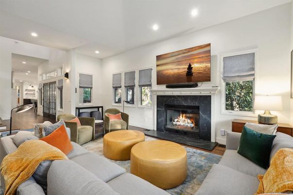 Fireplace, Interior, Living room, Recessed Lighting, Wood Texture Flooring